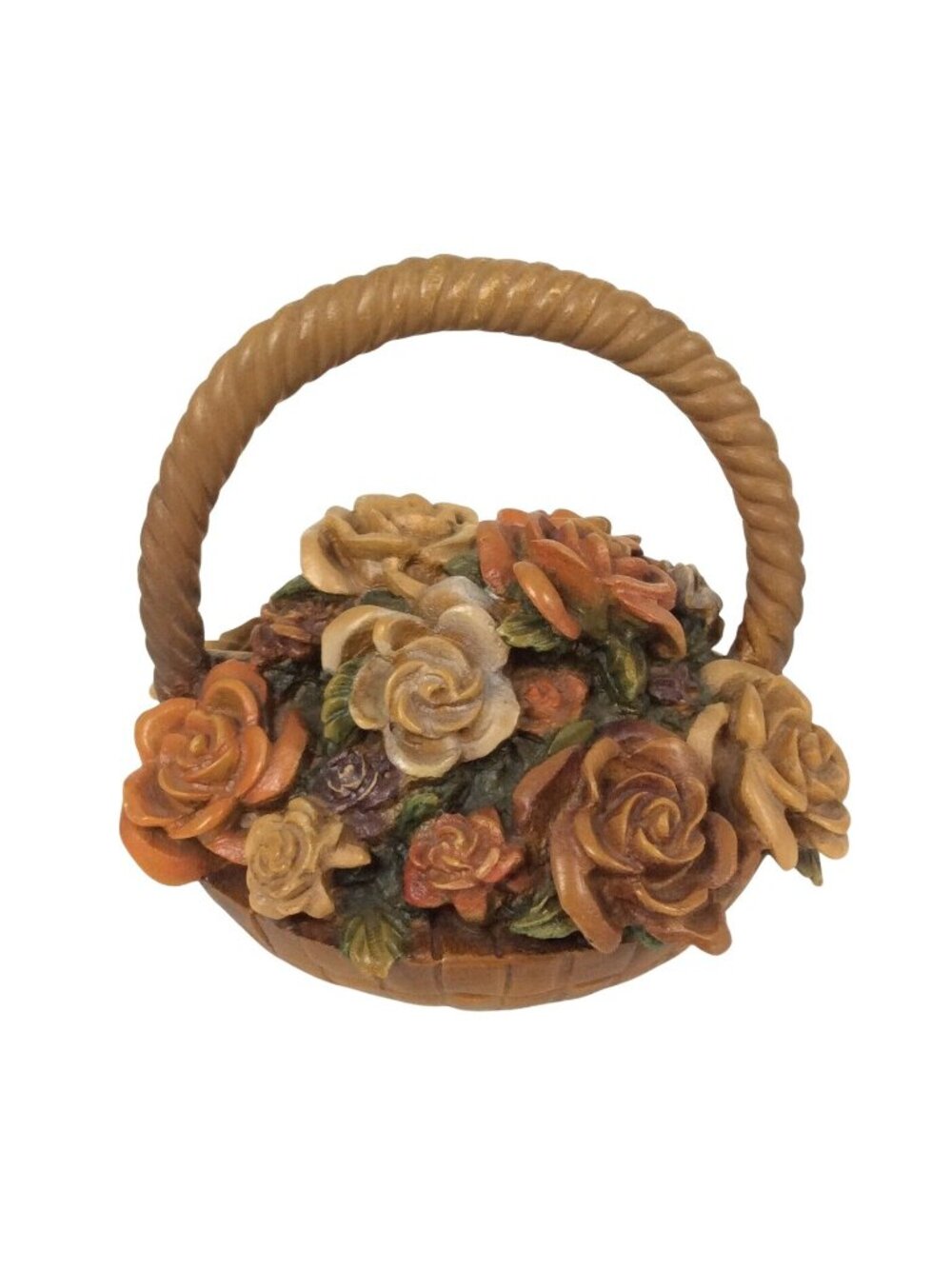 Vintage Mid-Century Carved Composite Wood Flower Basket Figurine Detailed Roses